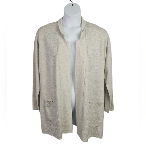 Eileen Fisher Plus Size Notch Collar Open Cardigan in Pearl Merino Blend